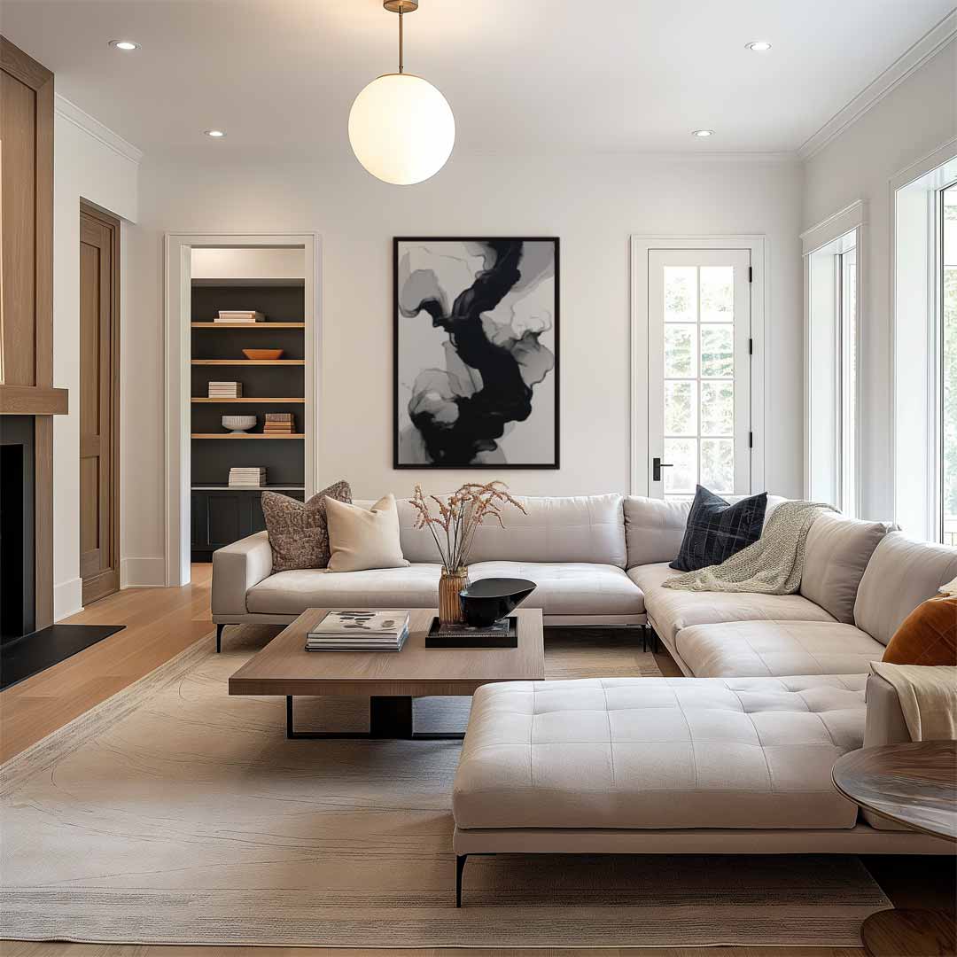 Golvende Zwart-Witte Abstractie – staand kunstwerk voor modern interieur