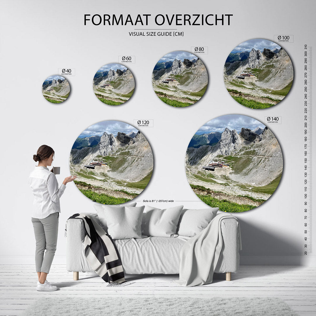 Berglandschap met rotsen – ronde wanddecoratie met fotografie