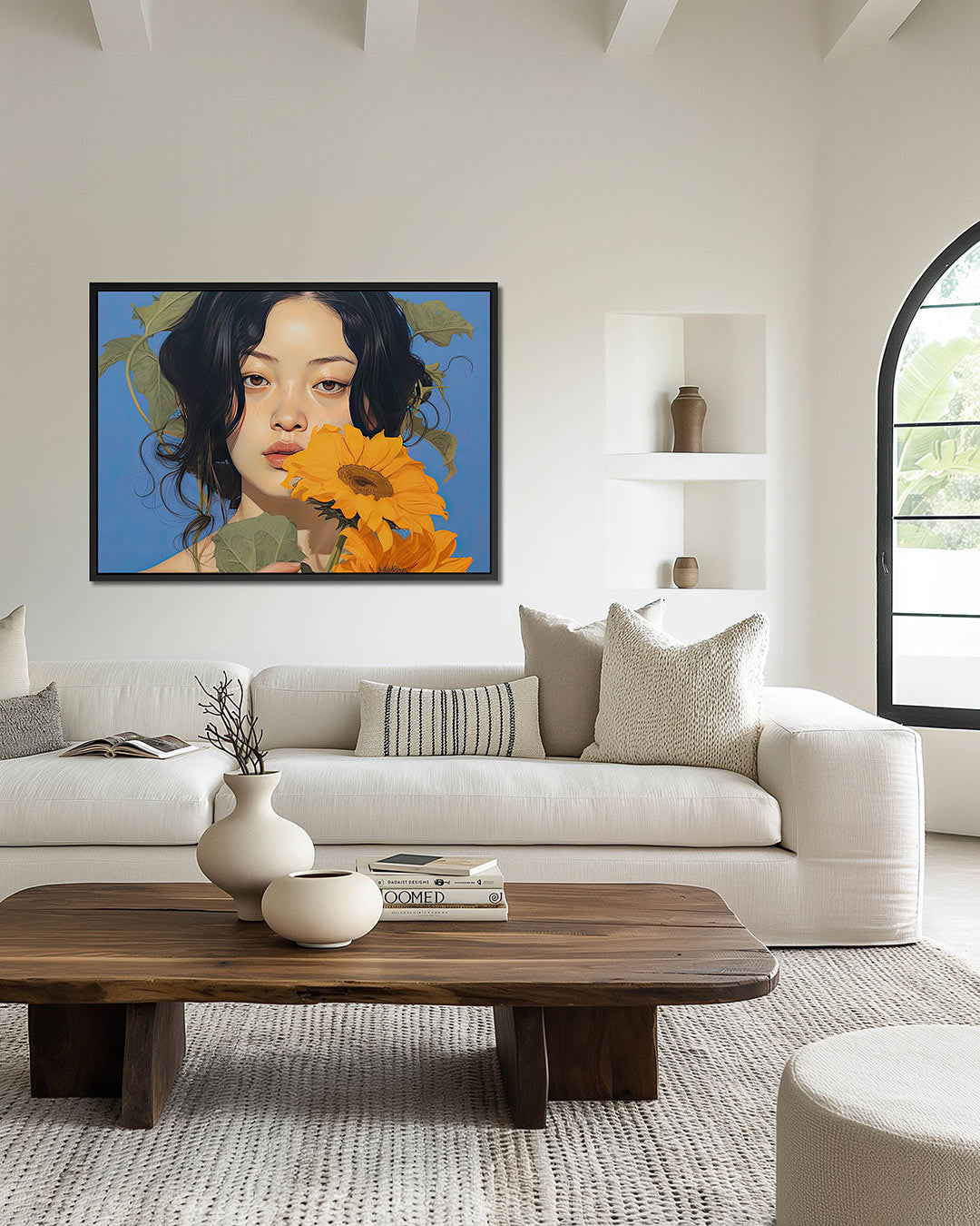 Vrouw met zonnebloemen – wanddecoratie in interieur