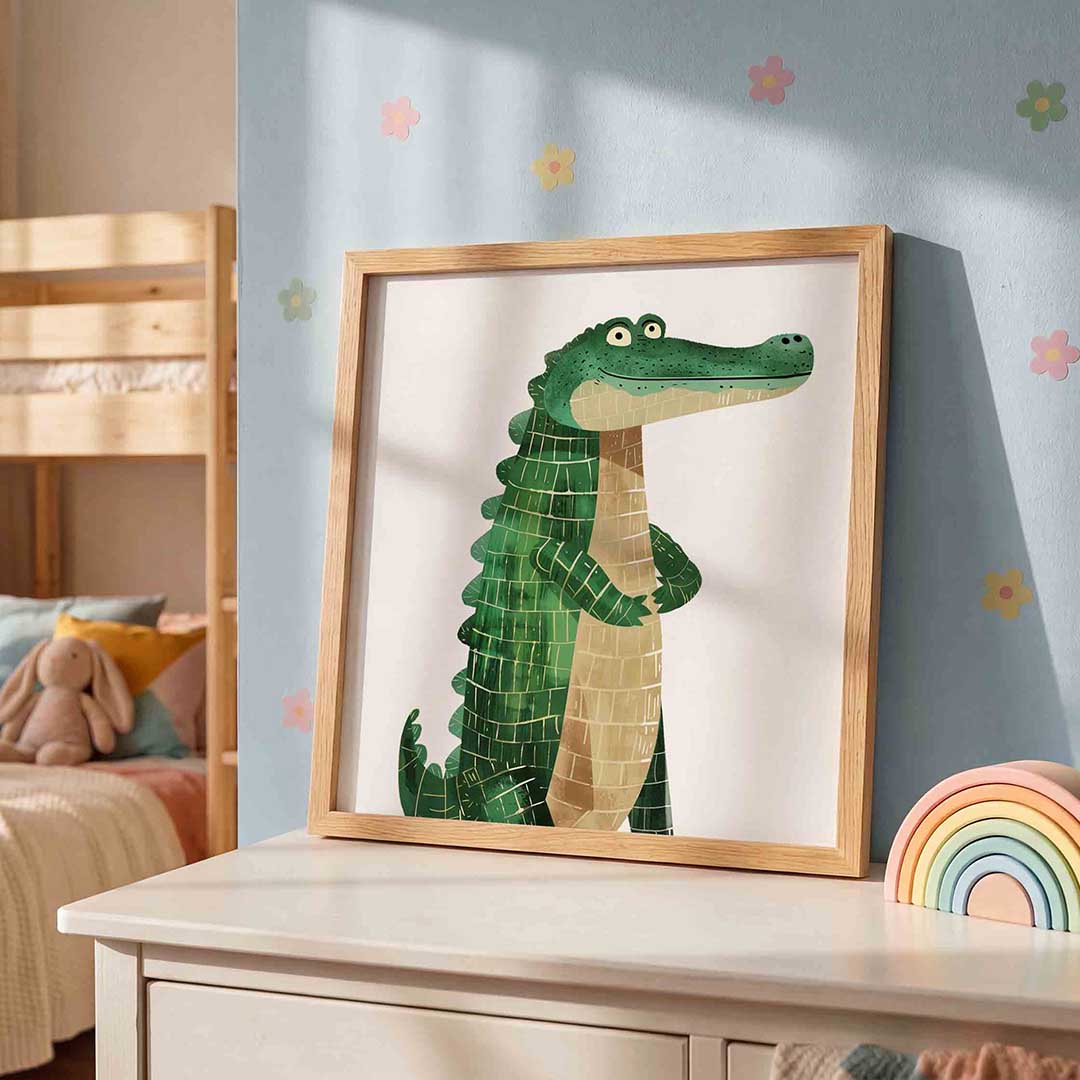 Groene krokodil – speelse wandkunst als vierkante kinderposter