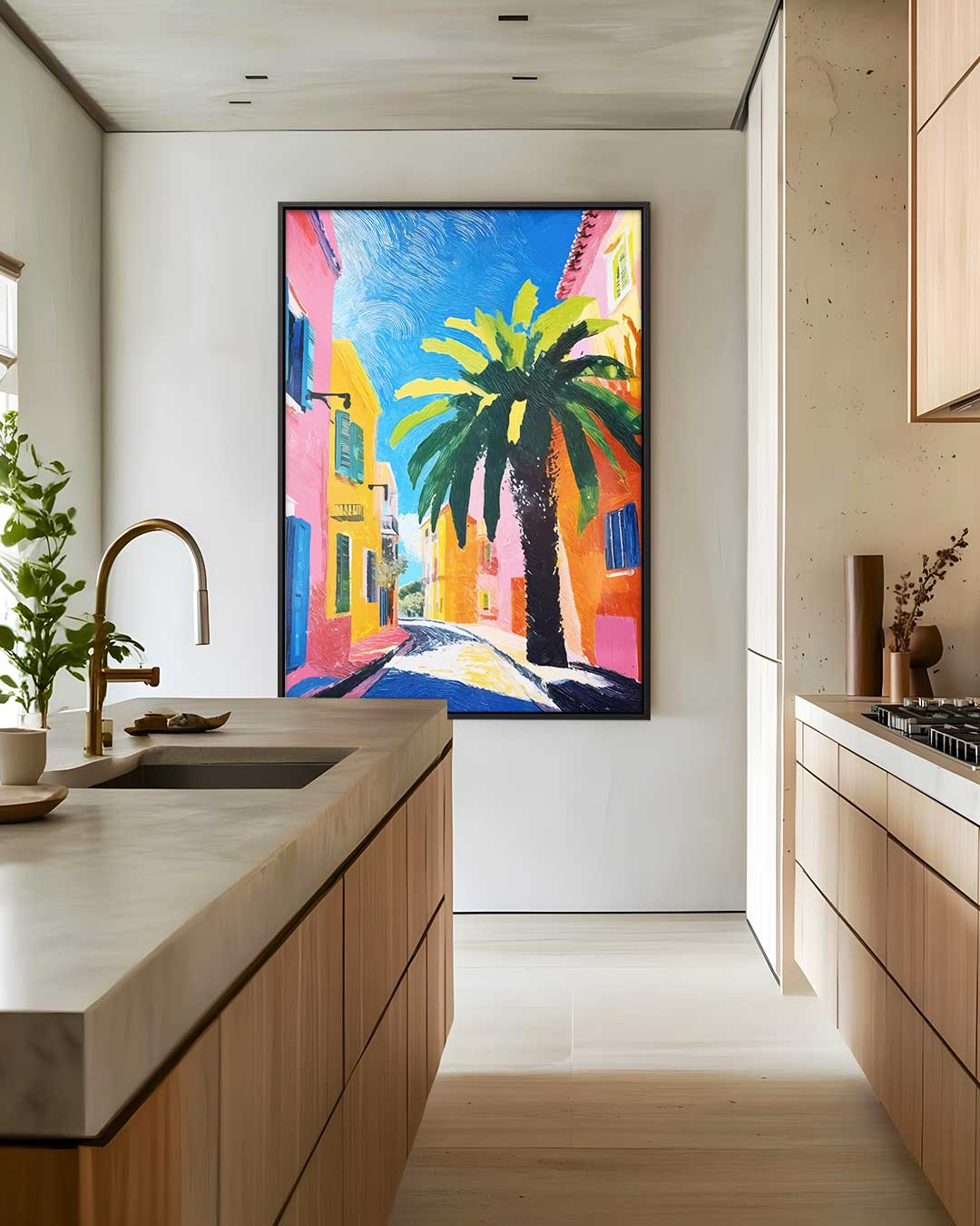 Zomerse Straat met Palmboom – dibond wanddecoratie in staand formaat