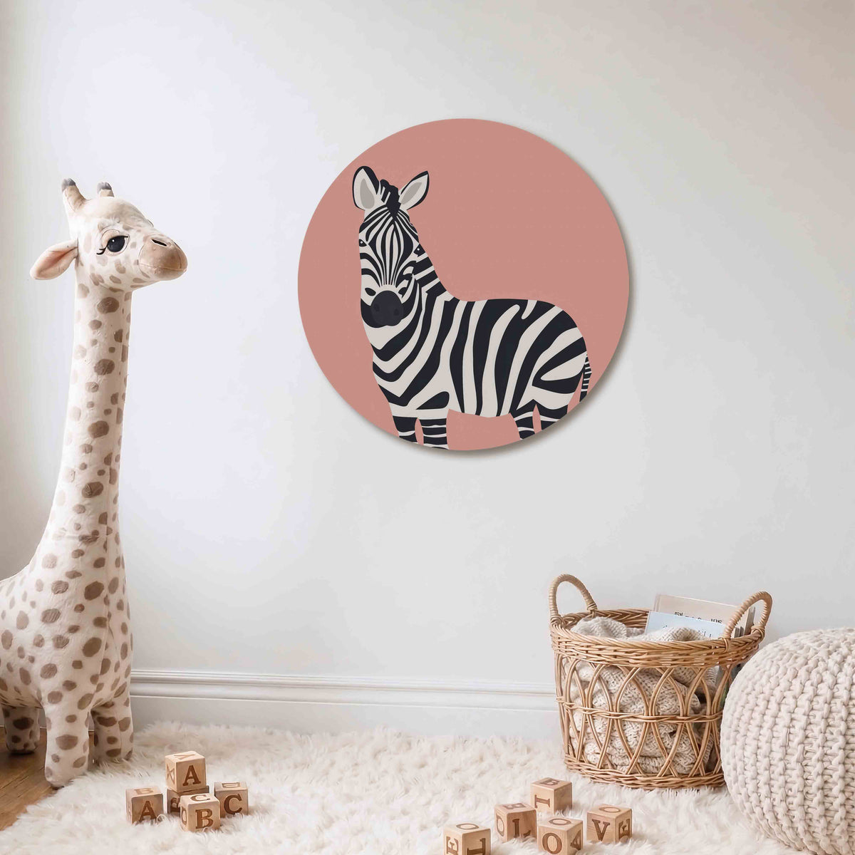 Zebra op roze Muurcirkel – Een zebra met zwarte en witte strepen staat op een roze achtergrond.
