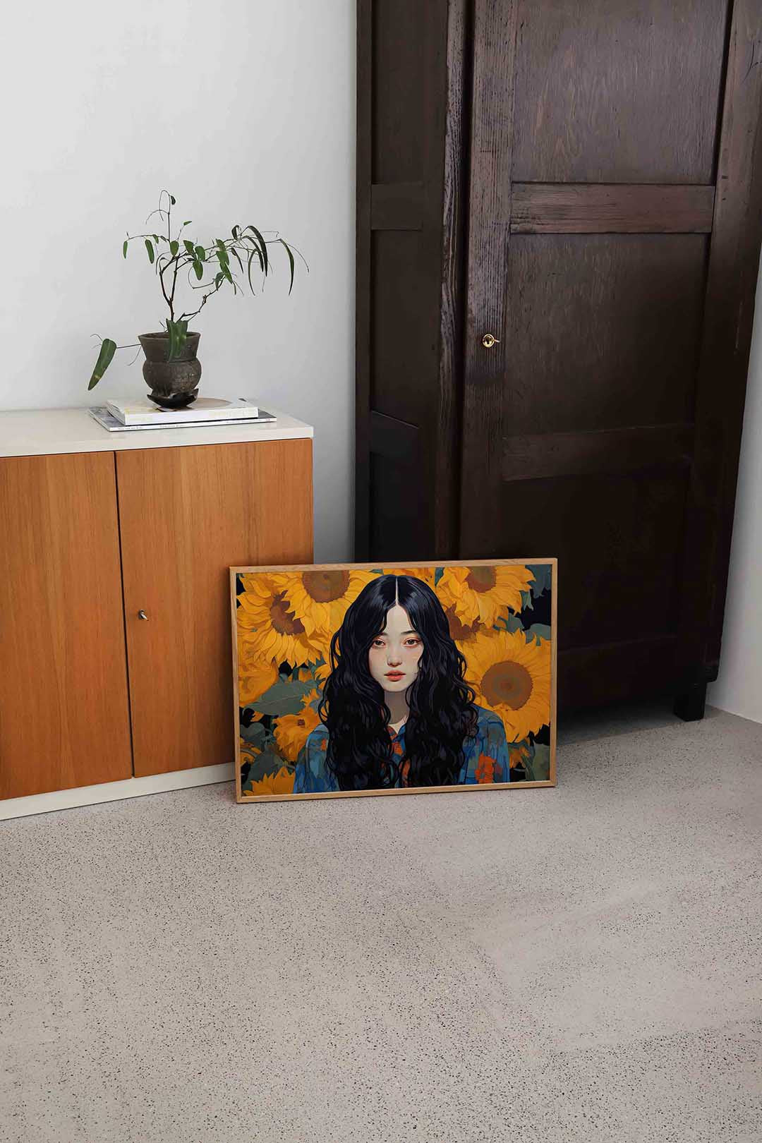 Vrouw met zonnebloemen – hedendaagse illustratie als liggende poster