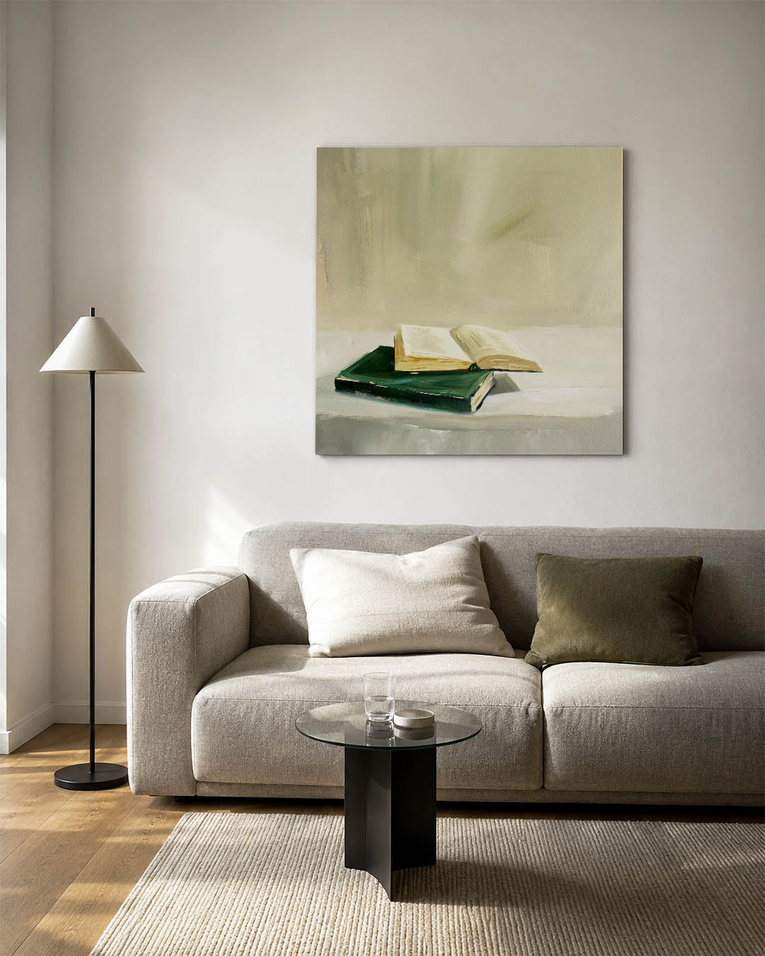 Boeken op tafel kunstwerk – vierkante wanddecoratie – dit werk toont een open boek op een gesloten boek, geplaatst op een
