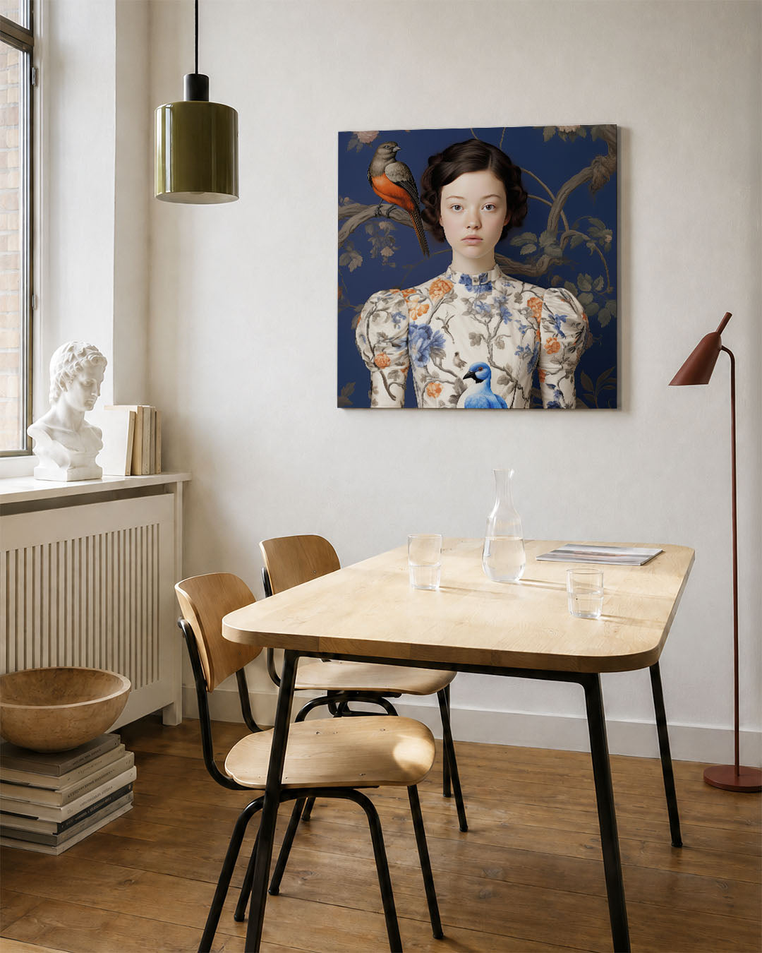 Vogels en bloemen portret kunstwerk – vierkante wanddecoratie – dit kunstwerk toont een jonge vrouw in een gedetailleerde