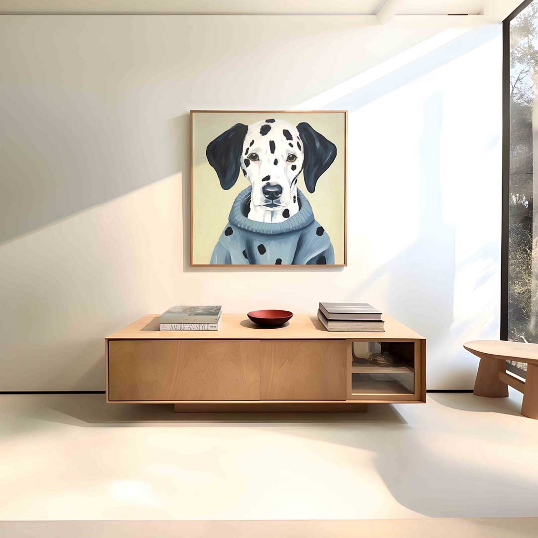 Dalmatier in trui – vierkante dieren wanddecoratie van WallArtistic