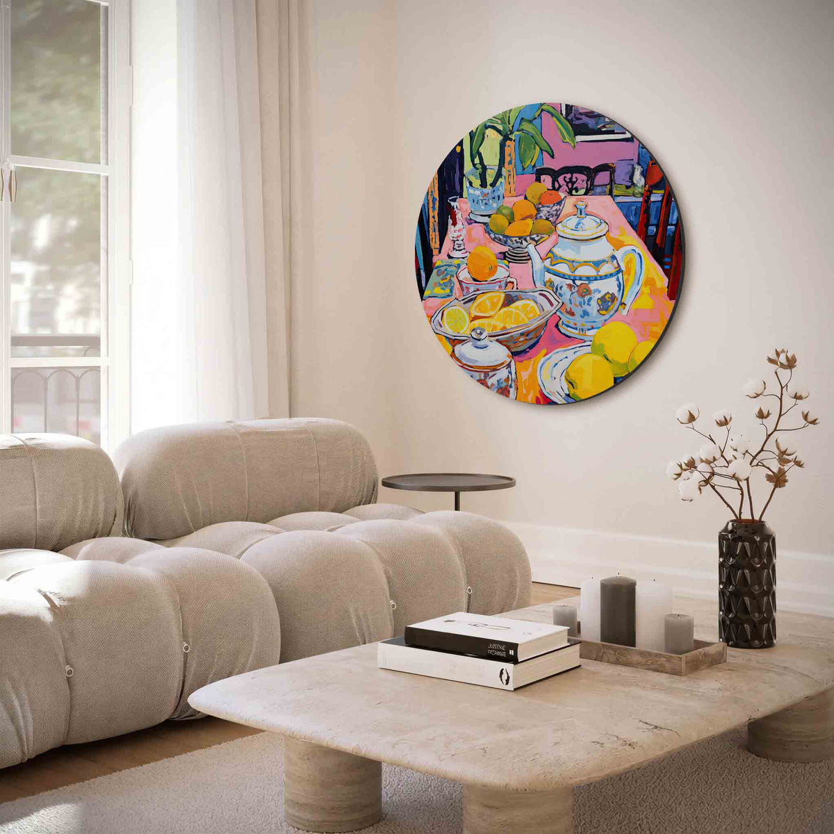 Citrus en servies – muurcirkel met abstracte texturen voor aan de muur