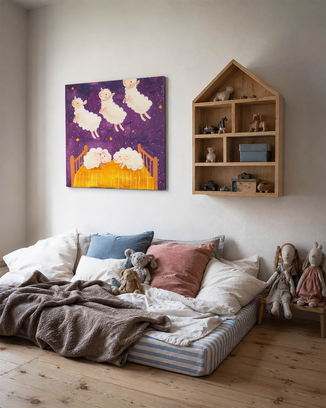 Dromerige slaapscène kunstwerk – derde productweergave – dit kunstwerk toont schapen die vrolijk boven een bed zweven tegen