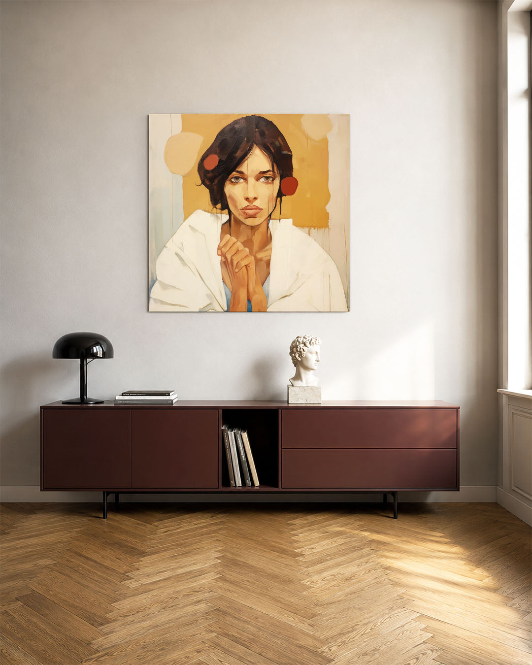 Portretstudie kunstwerk – tweede productweergave – dit werk toont een vrouw met een intense blik. De compositie is
