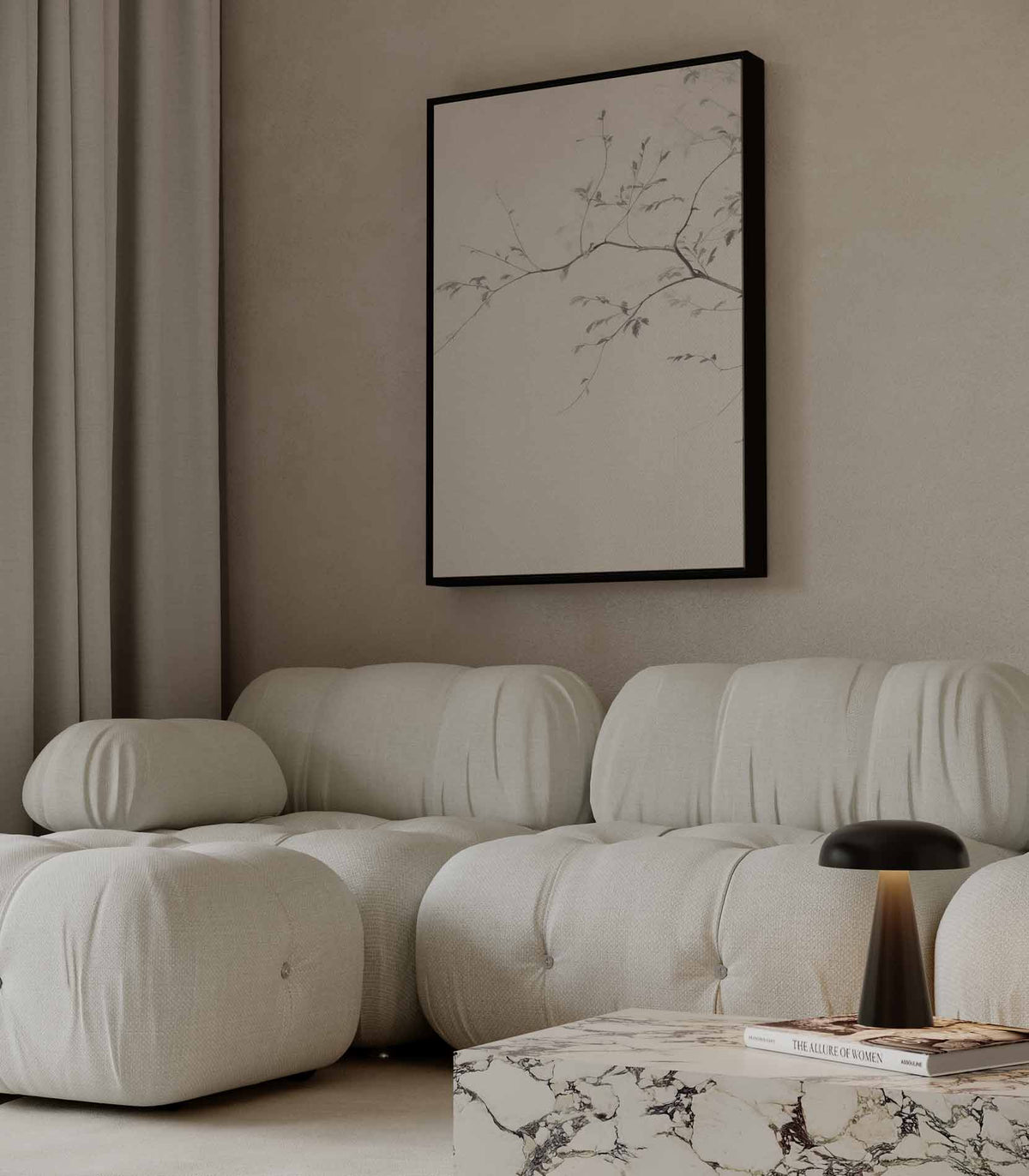 Rustige Takken in Minimalistisch Design – kunstwerk met zwarte baklijst