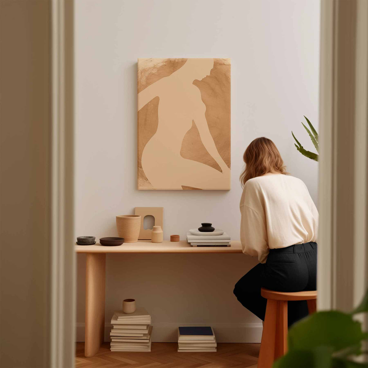 Elegante Silhouet in Neutrale Tinten – modern portret kunstwerk van WallArtistic