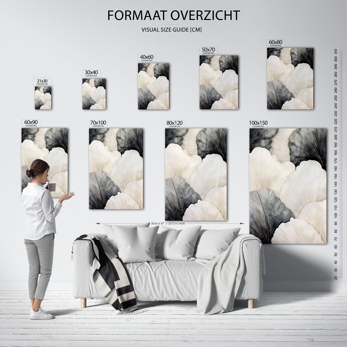Bladvormen in zwart en wit – staande muurposter met zachte abstracte vormen
