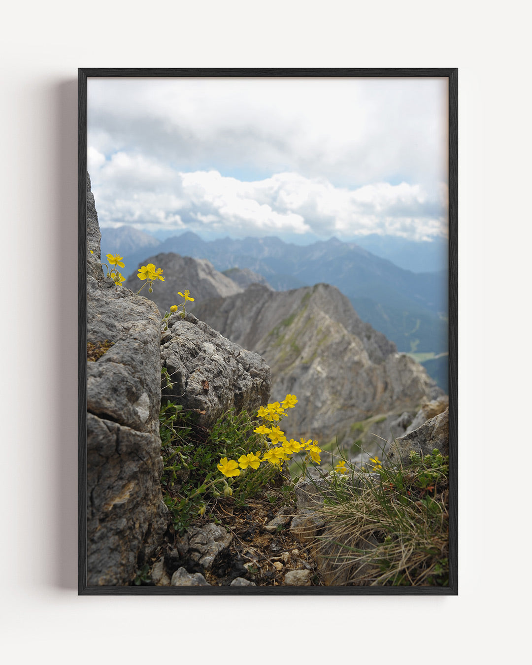 Berglandschap met bloemen poster – portret wanddecoratie – deze poster toont een berglandschap met gele bloemen op de