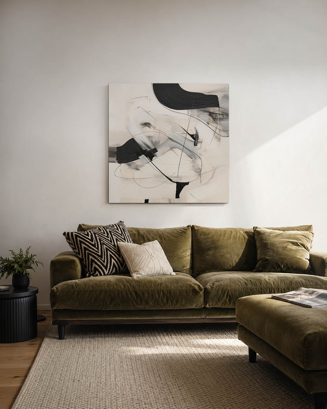 Dynamische lijnen compositie kunstwerk – derde productweergave – dit kunstwerk toont vloeiende zwarte en witte lijnen die