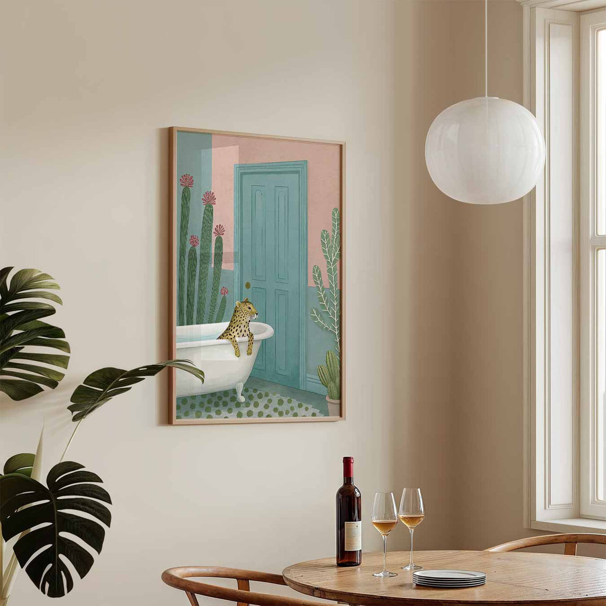 Luipaard in Bad – zomerse wandkunst als portret poster