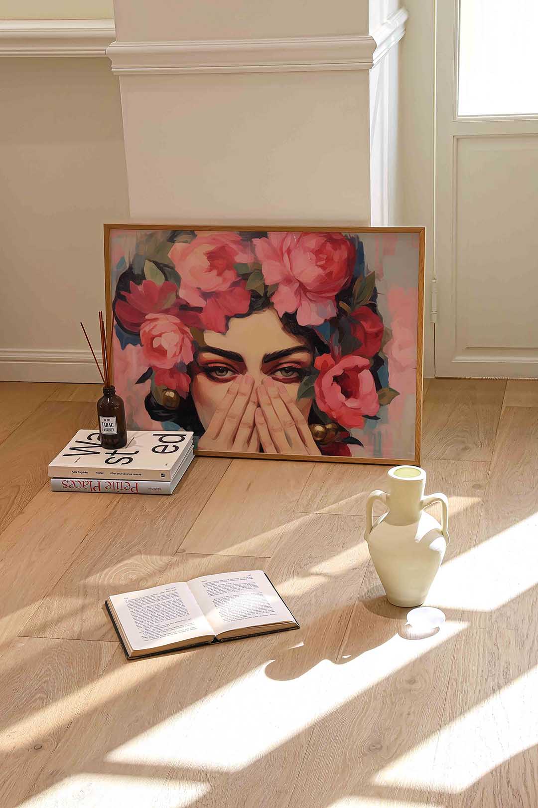Bloemen en gezicht – liggende portret wanddecoratie van WallArtistic