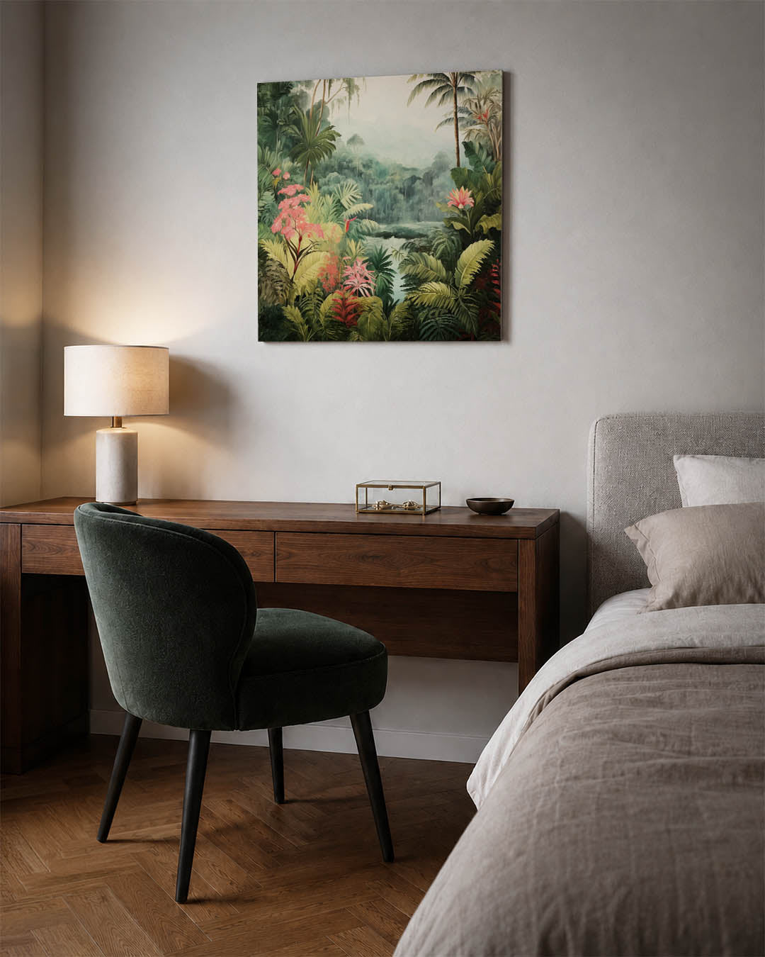 Tropisch landschap kunstwerk – materiaalweergave – dit werk toont een weelderig tropisch landschap met diverse planten en