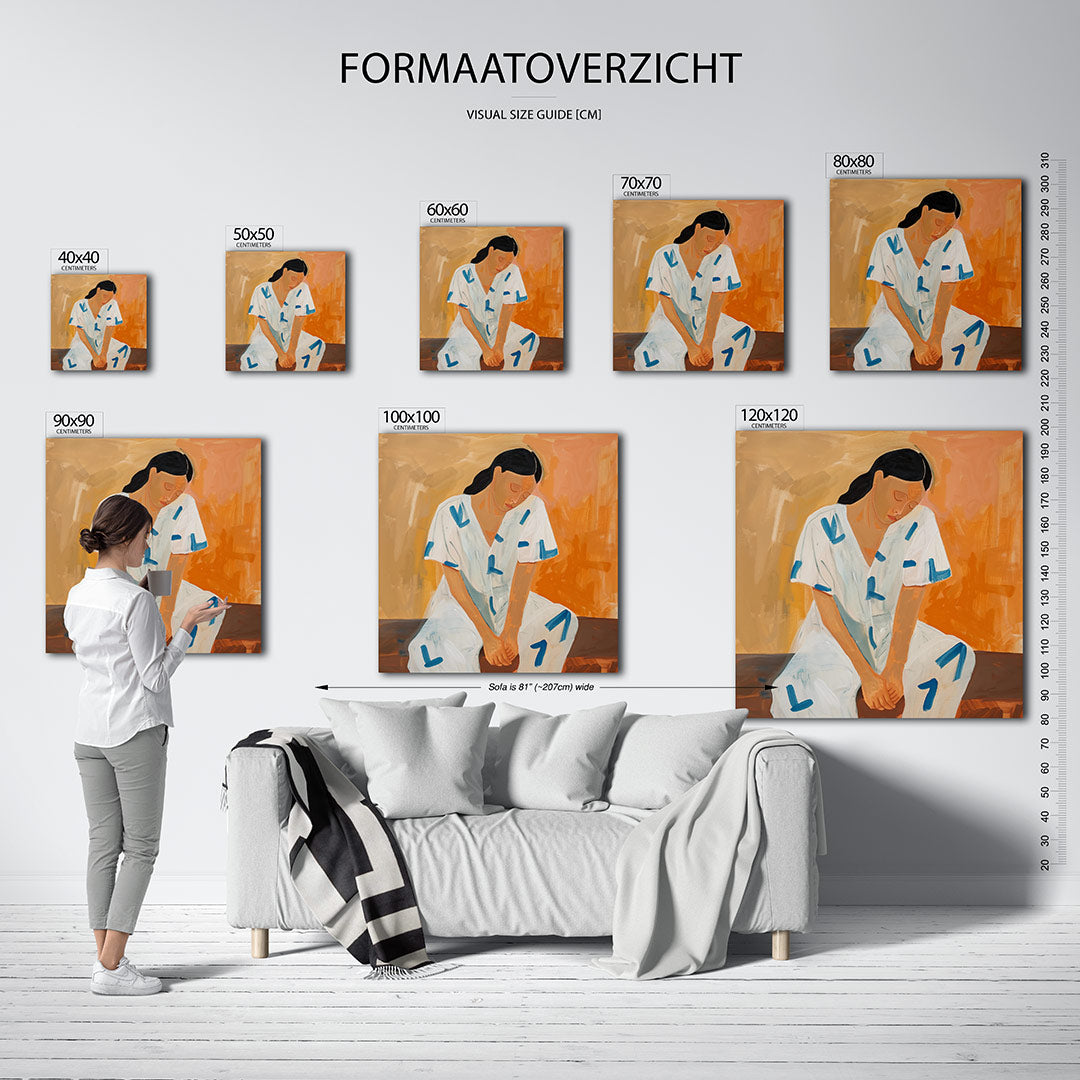 Dromerige vrouw kunstwerk – materiaalweergave – dit kunstwerk toont een vrouw in een serene pose tegen een warme achtergrond.