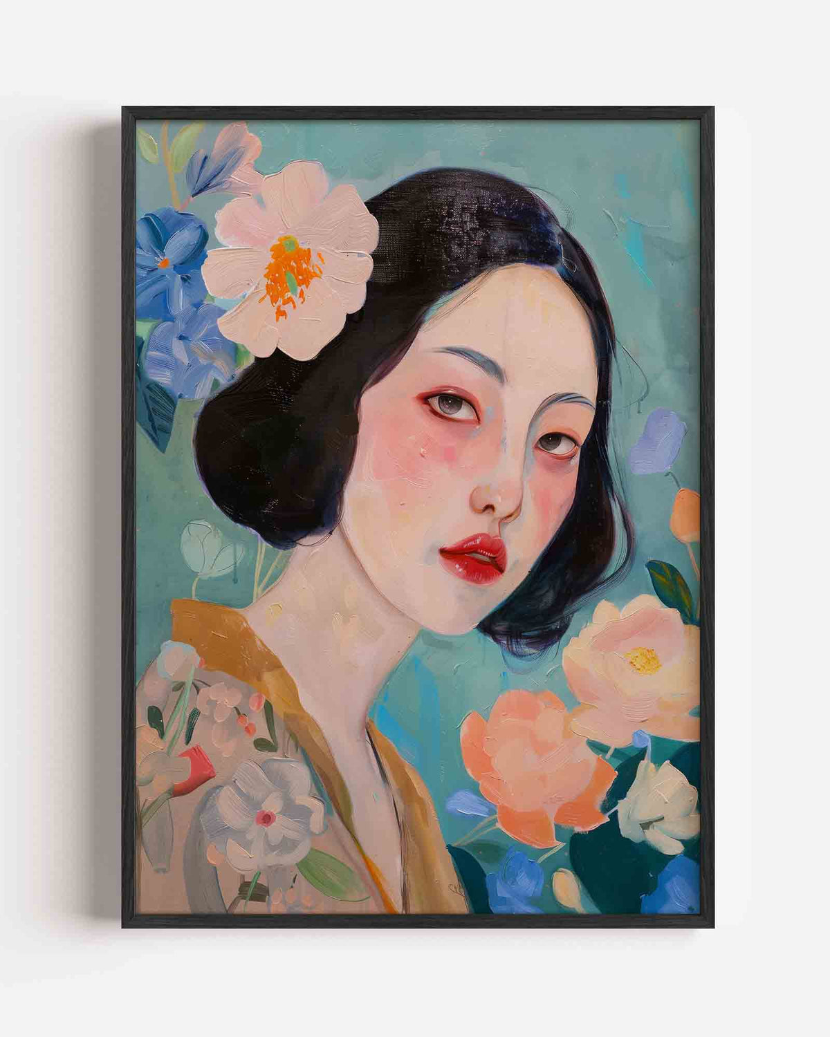 Vrouw met bloemen – hedendaagse illustratie portret poster als wanddecoratie