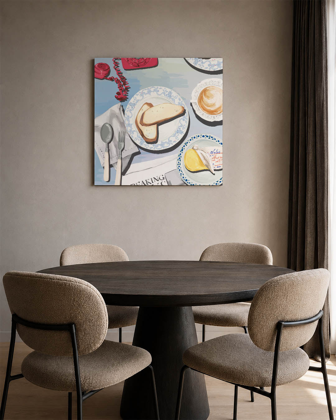 Ontbijt tafereel kunstwerk – vierkante wanddecoratie – dit werk toont een tafel met brood, boter en een kop koffie. Heldere