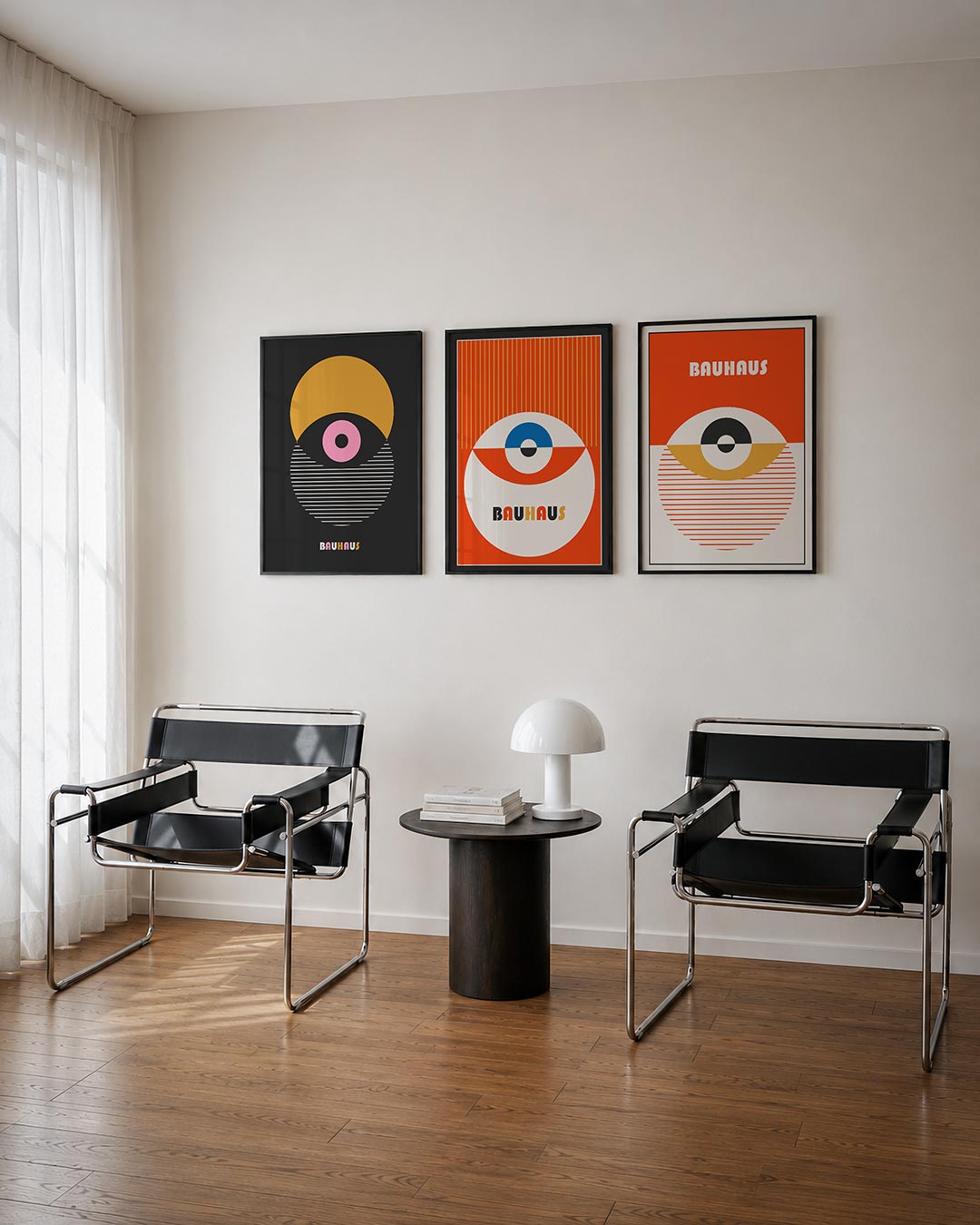 Kleurrijke cirkelcompositie driedelige posterset – deze posterset in drie delen toont een speelse combinatie van halve