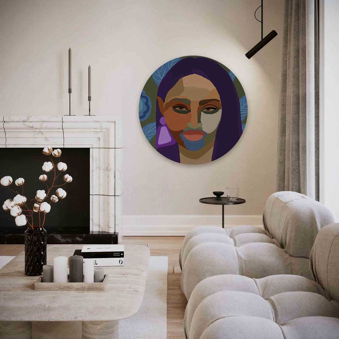 Portret met bladeren – abstracte textuur muurcirkel als wanddecoratie