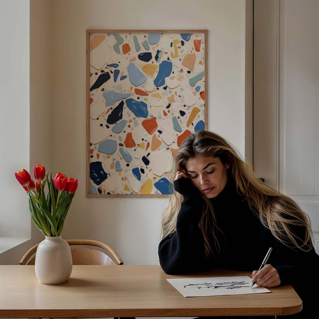 Moderne Kleurexplosie Terrazzo – staande zomer wanddecoratie van WallArtistic