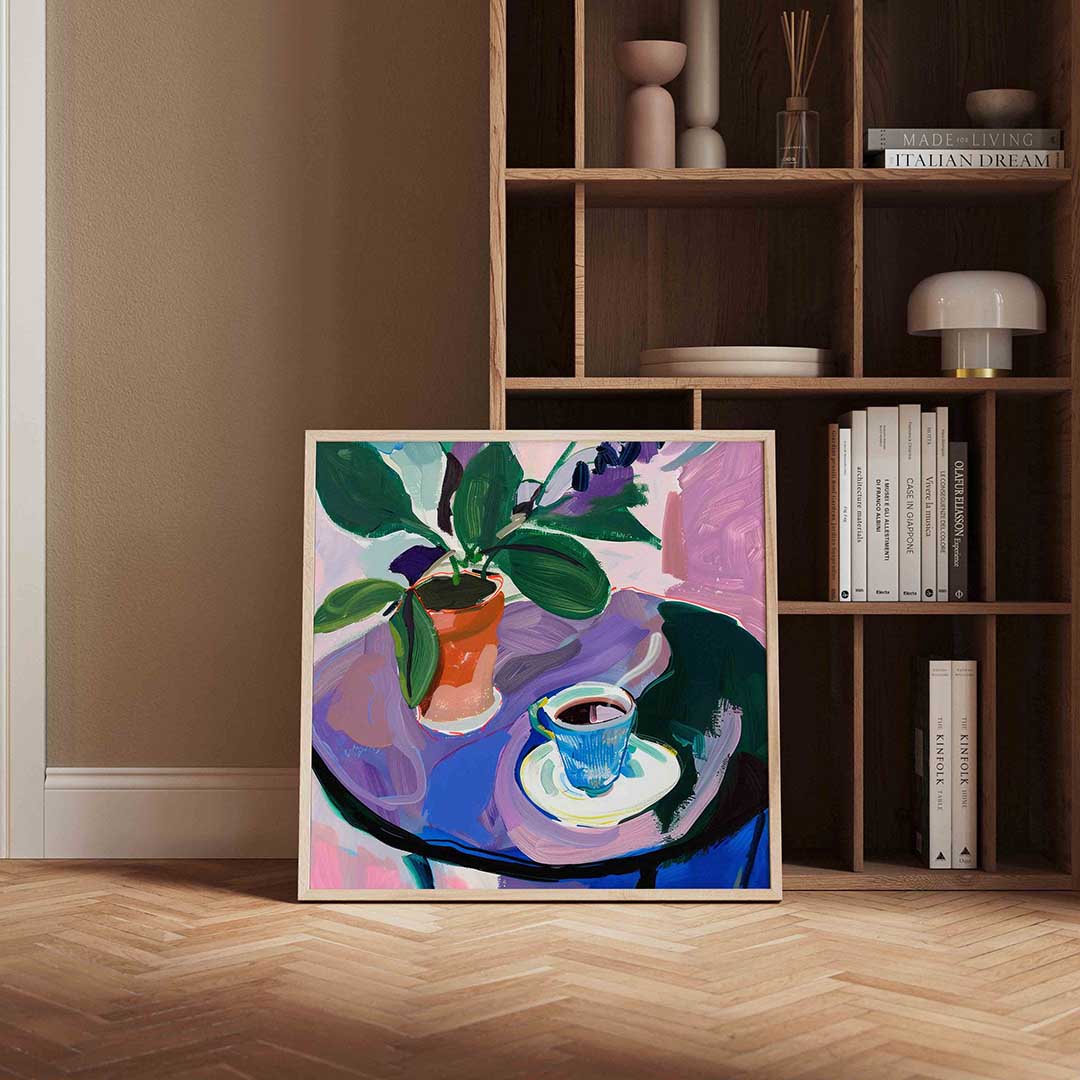Plant en kopje – kleurrijke vierkante wanddecoratie van WallArtistic