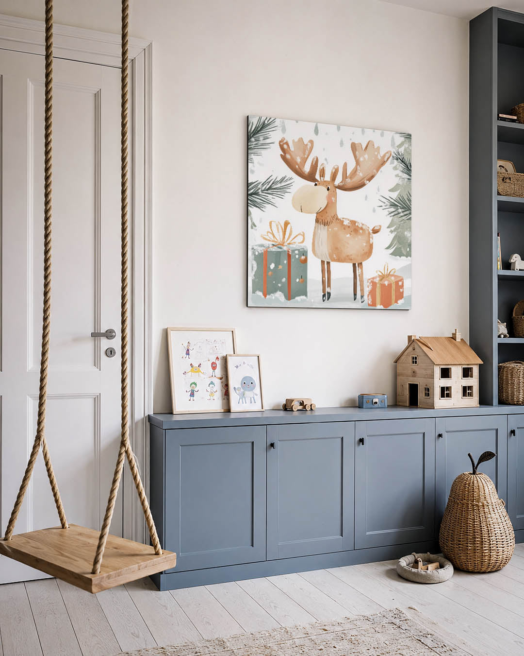 Illustratie kunstwerk – vierkante wanddecoratie – een eland staat tussen cadeaus in een winterlandschap, omringd door