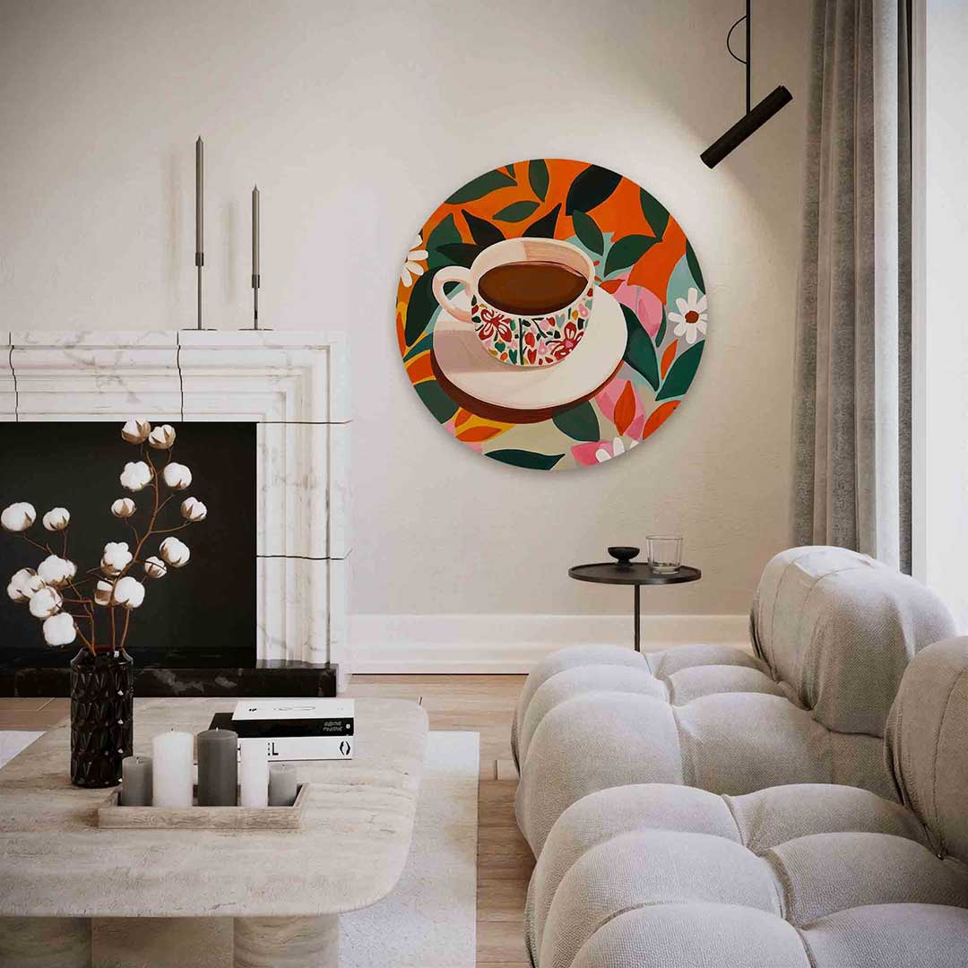 Kopje koffie – abstracte textuur muurcirkel als wanddecoratie