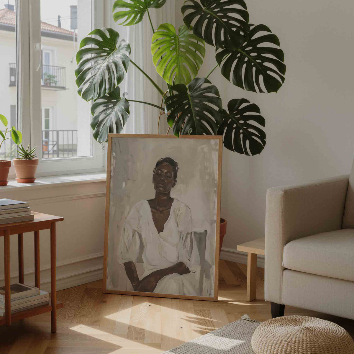 Vrouw in witte kleding – moderne illustratie als portret poster