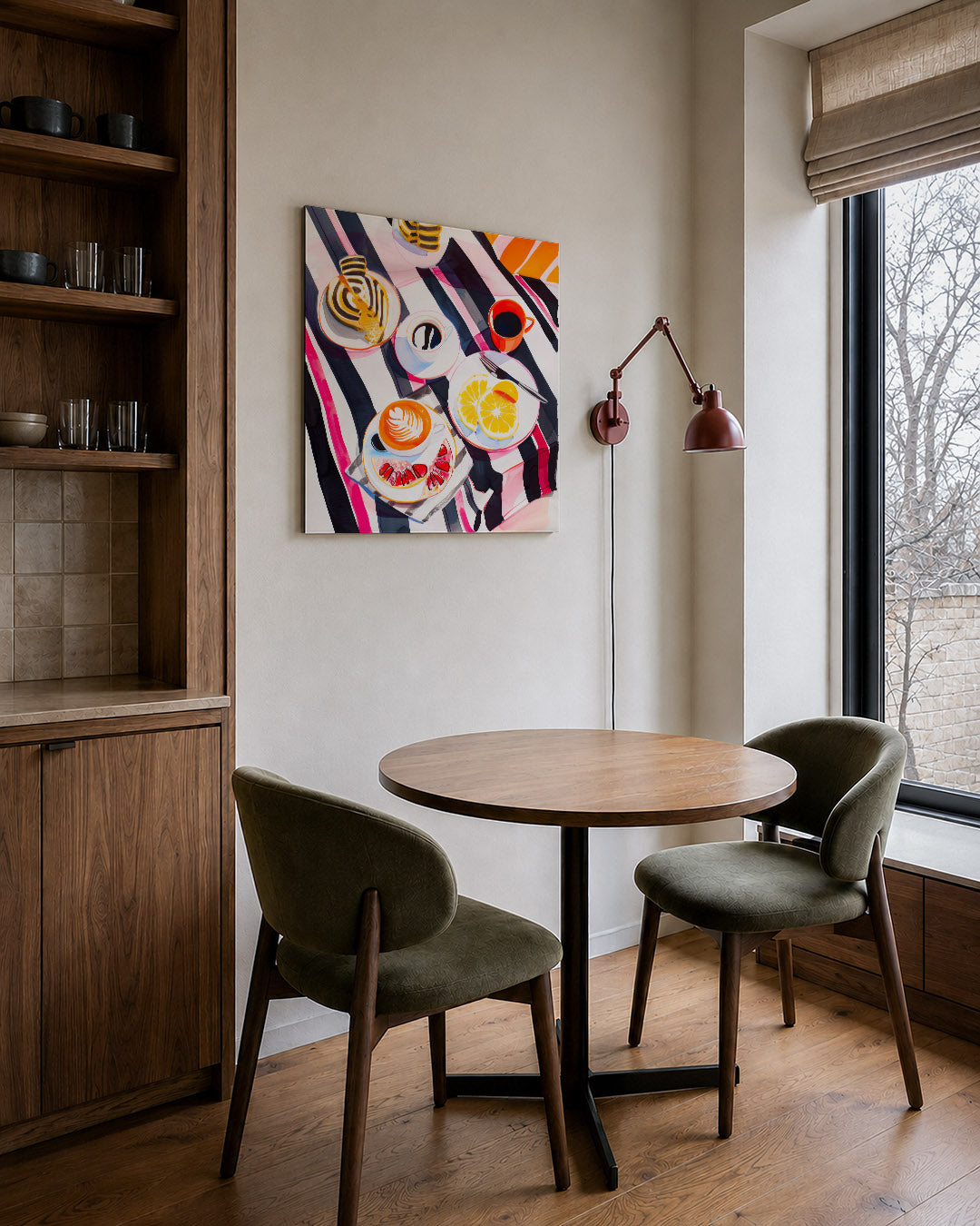 Vrolijk ontbijt tafereel kunstwerk – derde productweergave – dit kunstwerk toont een levendig tafereel van een ontbijt met