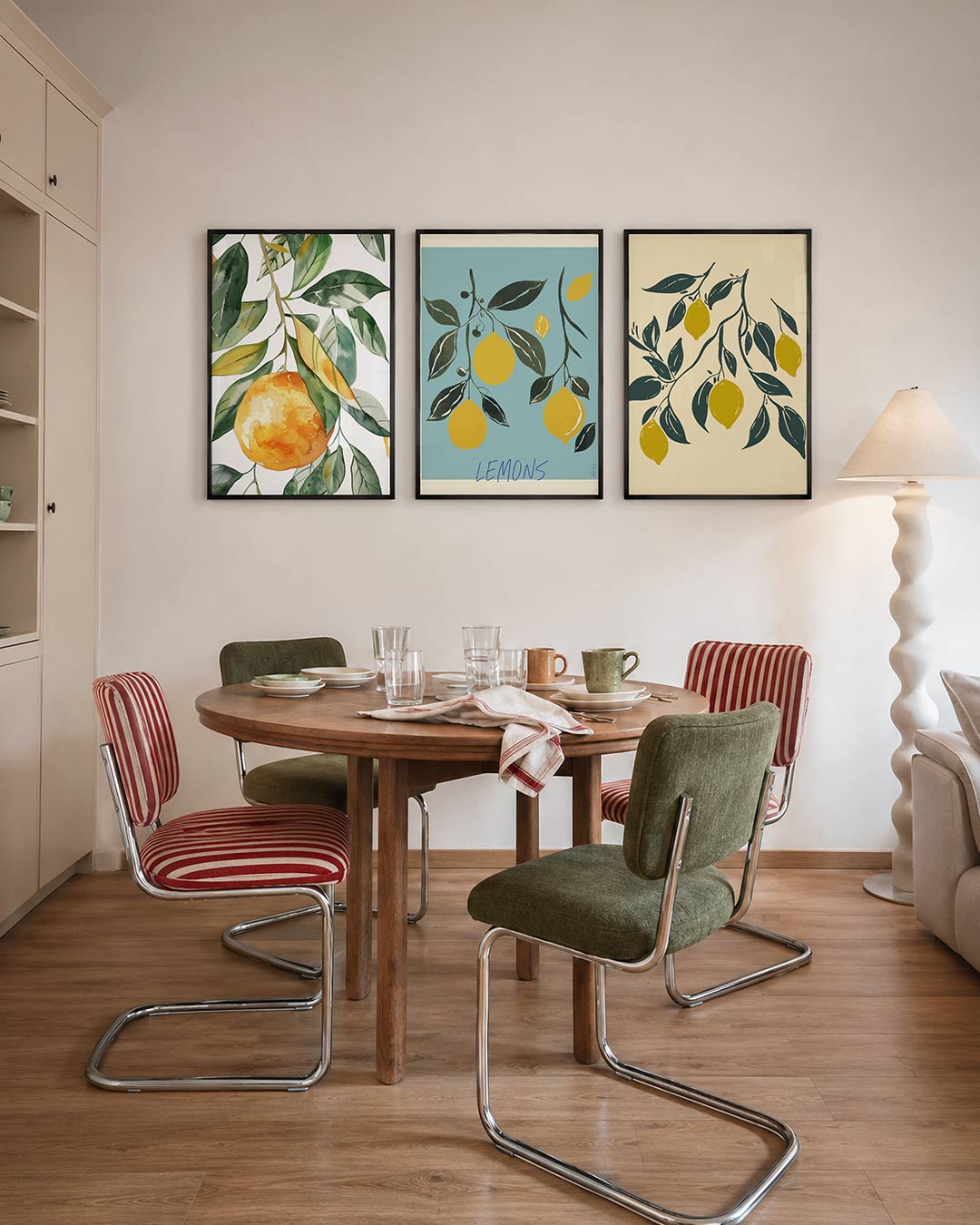 Fruitige kleurvlakken driedelige posterset – deze posterset in drie delen toont levendige oranje cirkels