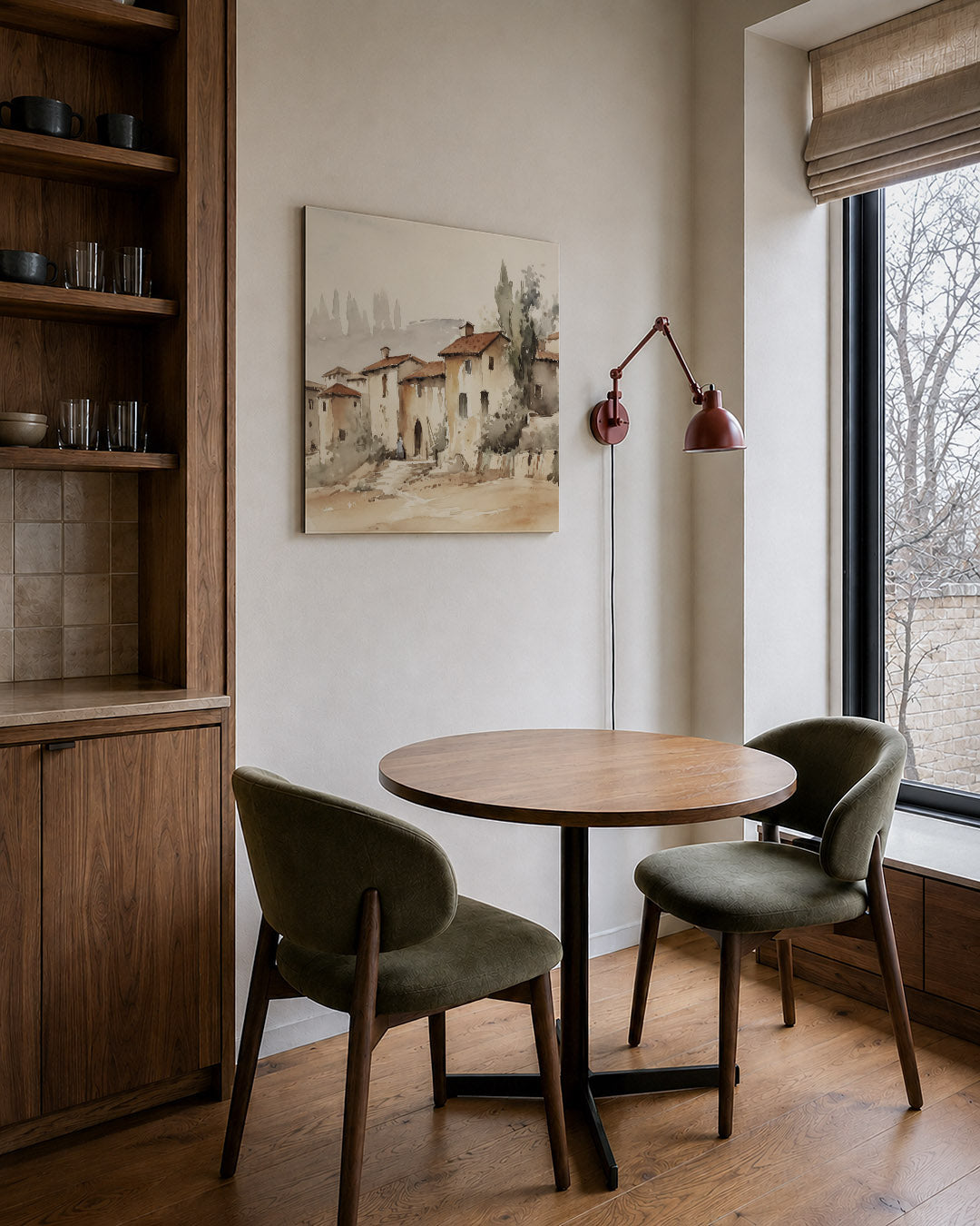 Dorpsgezichten kunstwerk – derde productweergave – dit werk toont een dorp met warme aardetinten. De huizen hebben rode daken