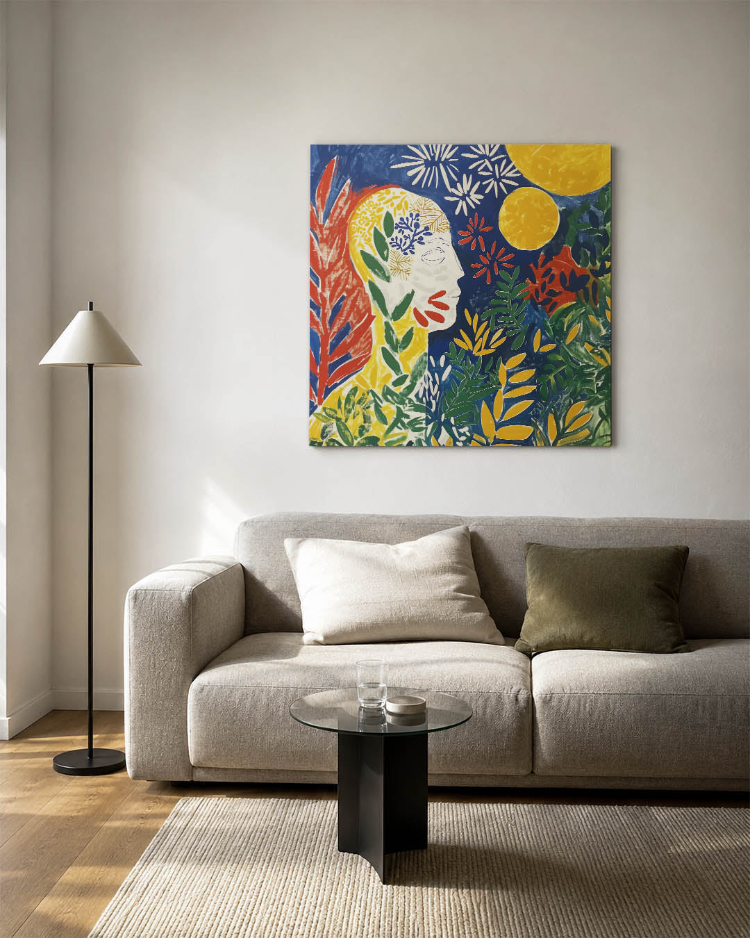 Kleurrijke botanische compositie kunstwerk – vierkante wanddecoratie – dit werk toont een levendige mix van vormen en kleuren