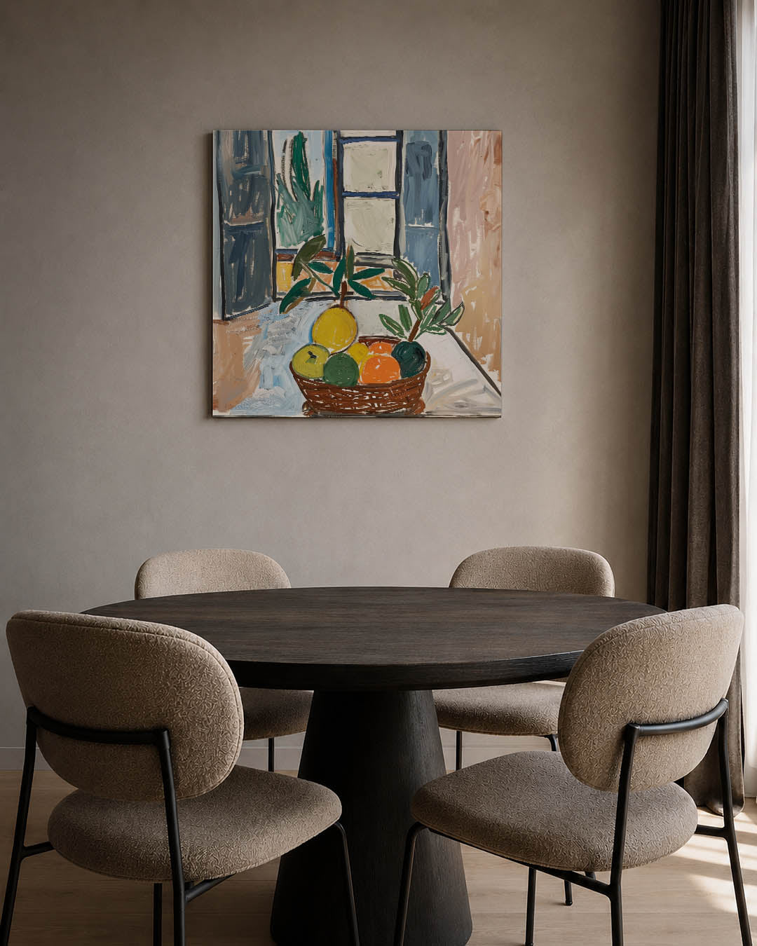Fruitmand bij raam kunstwerk – tweede productweergave – dit werk toont een fruitmand met levendige kleuren voor een open