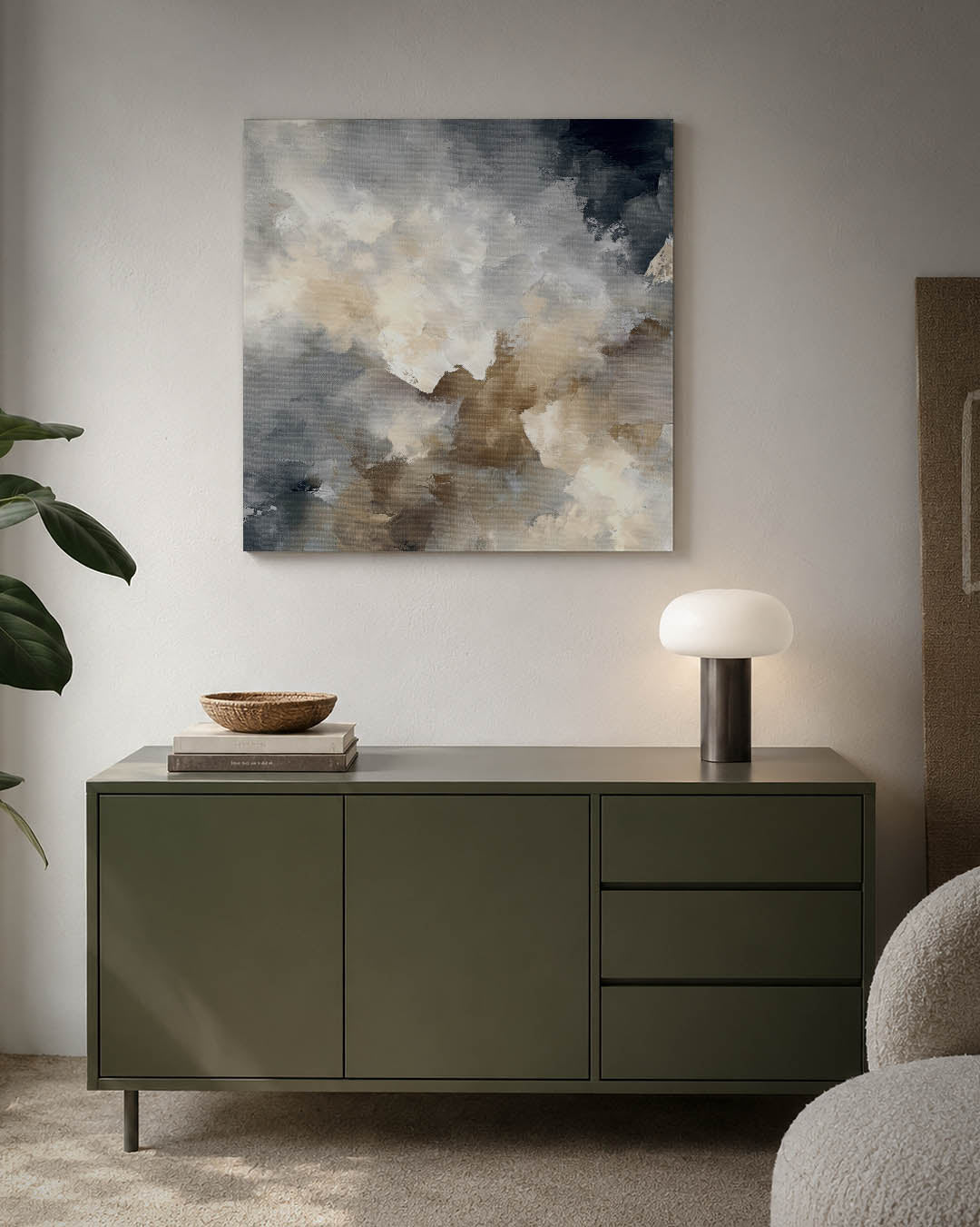 Dromerige kleurencompositie kunstwerk – detailweergave – dit kunstwerk toont een vloeiende mix van beige en grijs tinten, met