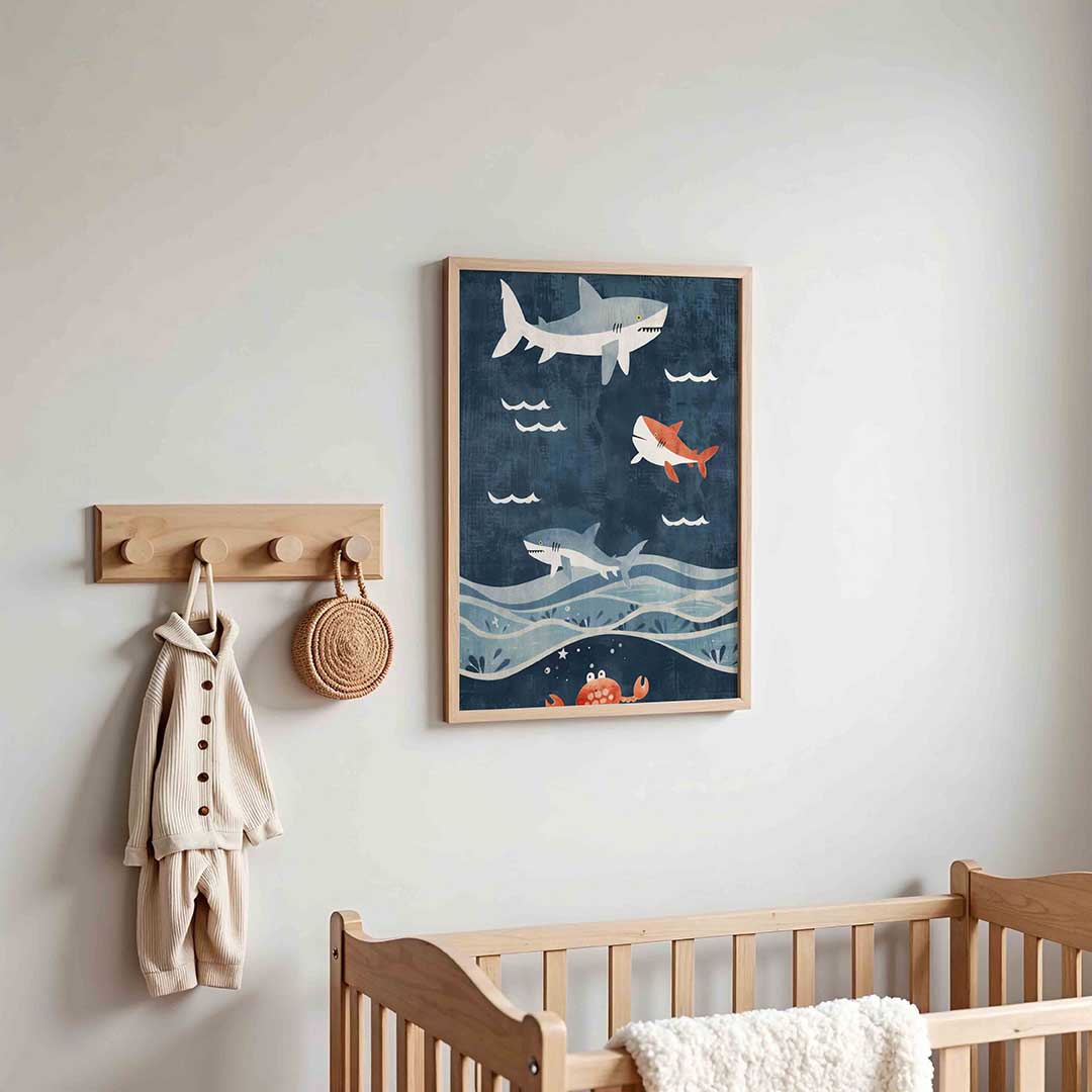 Haaien en krab – kinderposter in staand formaat