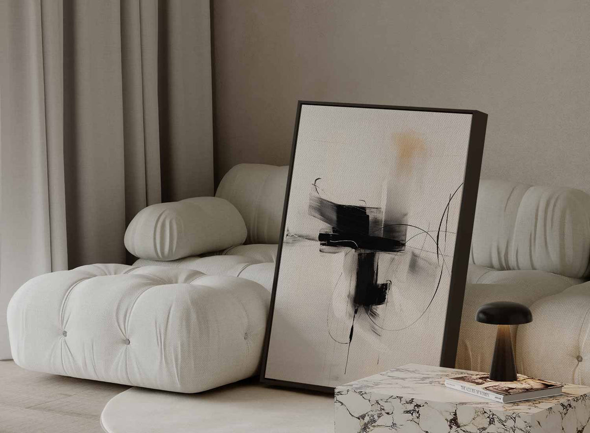 Dynamisch Abstract Zwart-Wit Schilderij – staande wandkunst voor woonkamer of interieur