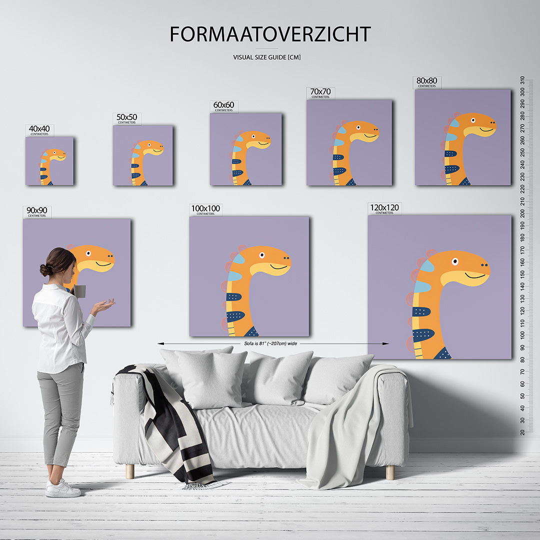 Speelse dinosaurus illustratie kunstwerk – sfeerbeeld – dit werk toont een vrolijke dinosaurus met een oranje lichaam en