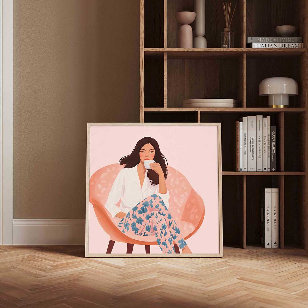 Vrouw met kopje – moderne poster in vierkant formaat
