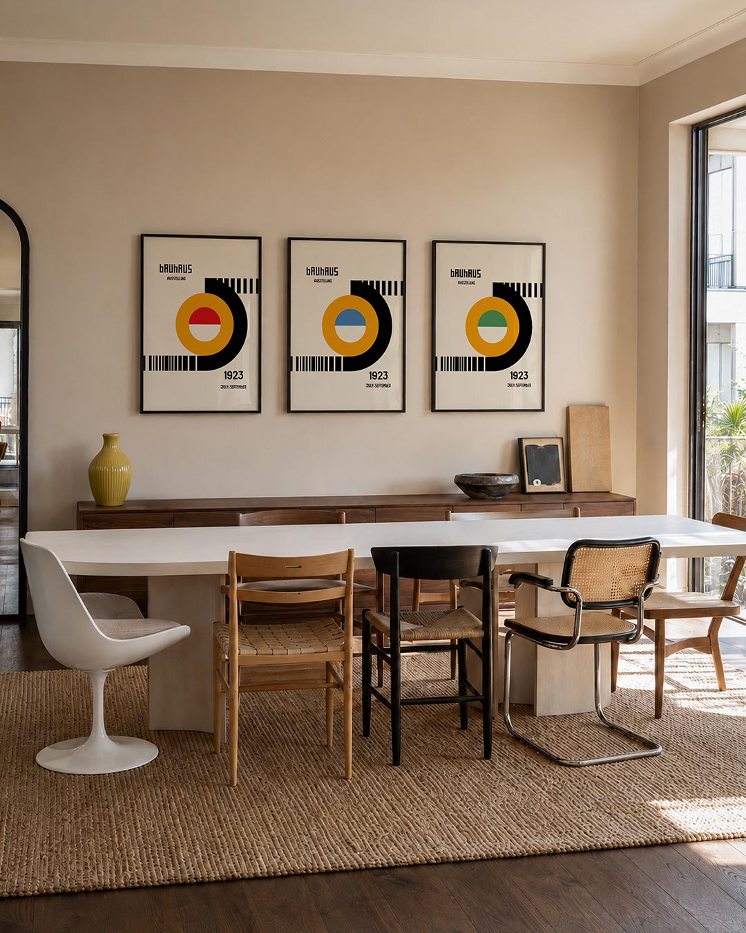 Kleurrijke cirkelcompositie driedelige posterset – deze posterset in drie delen toont een dynamisch spel van oranje en zwarte