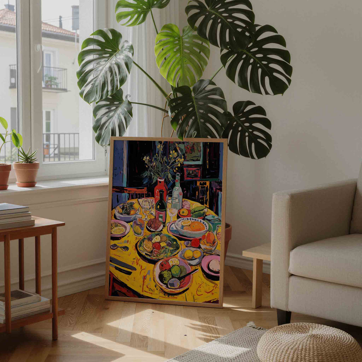 Fruit en flessen op tafel – staande botanische wanddecoratie van WallArtistic