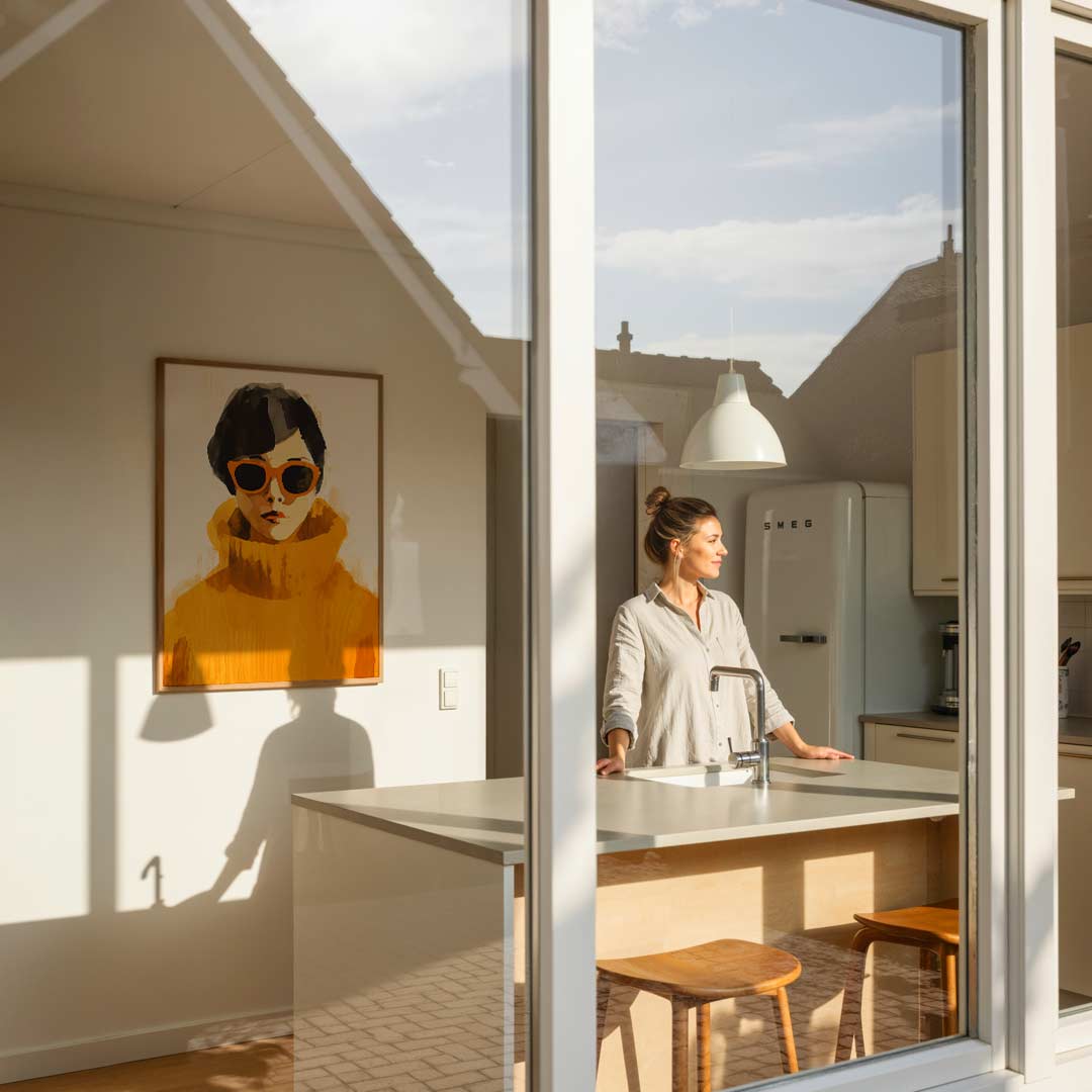 Stijlvolle Fashionista in Zonlicht – vrouwelijke portretposter in staand formaat