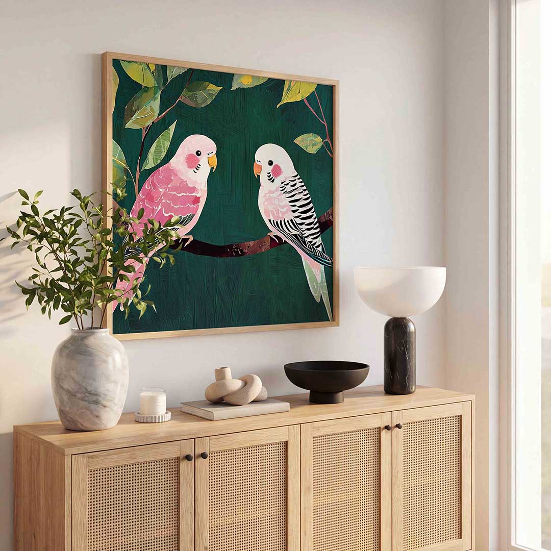 Twee parkieten – dierenillustratie als vierkante poster