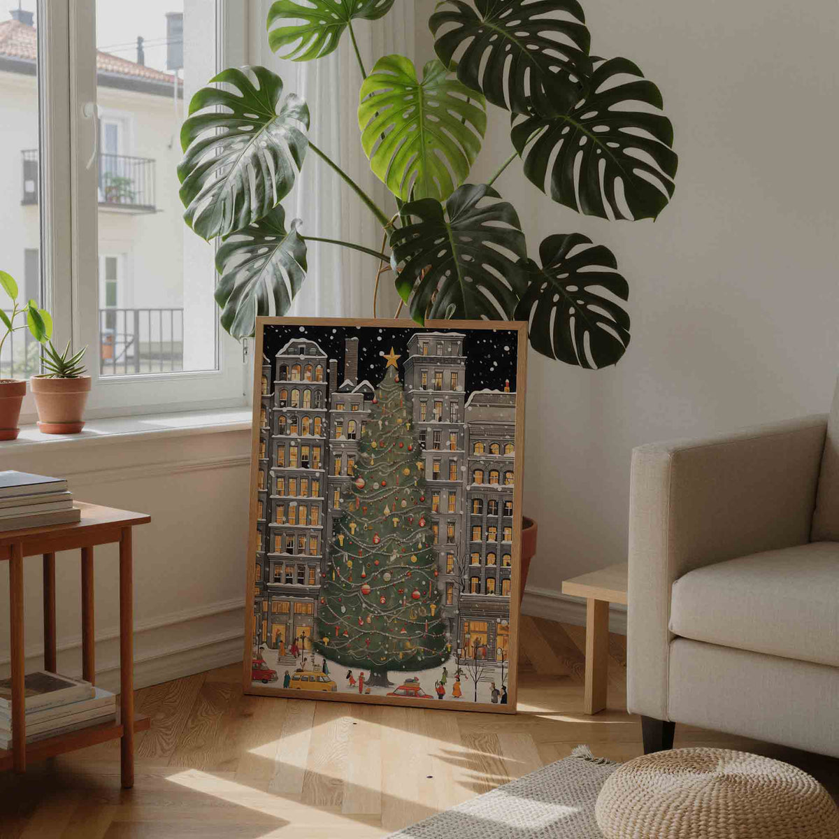 Kerstboom in de stad – feestelijke wandkunst als portret poster