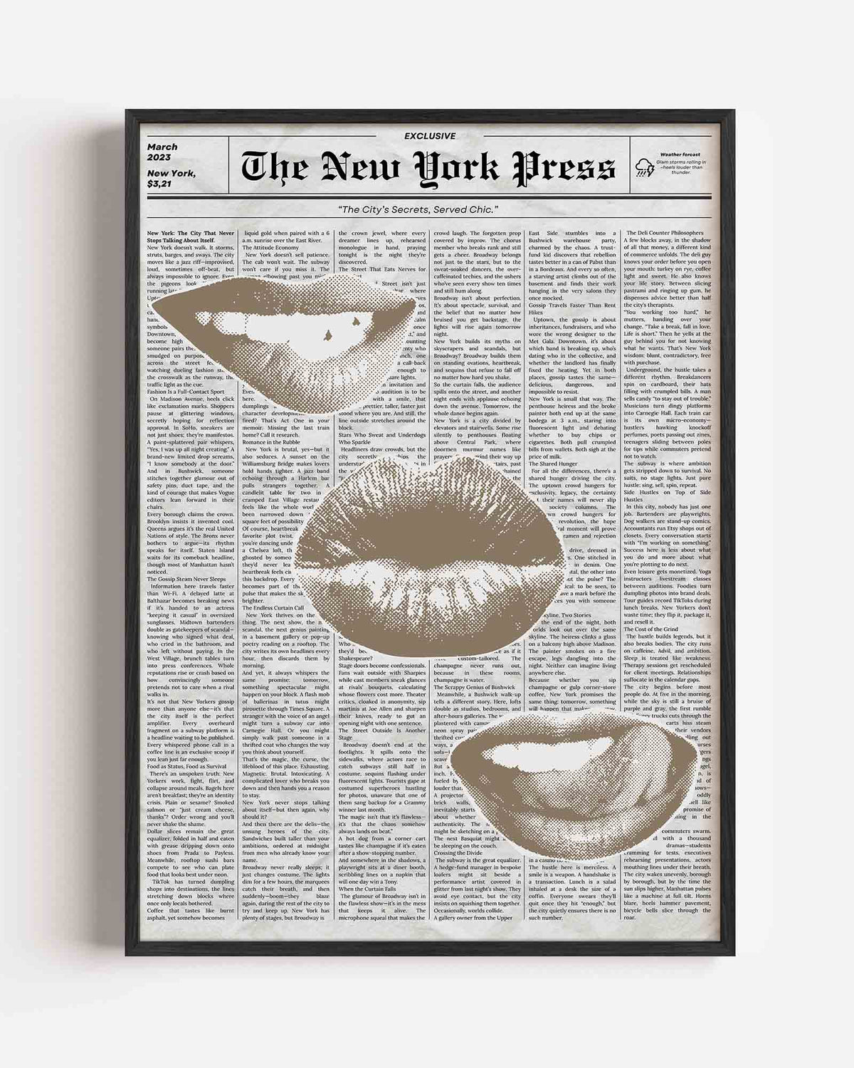 Drie lippen op krantenachtergrond – Pop Art portret poster als wanddecoratie