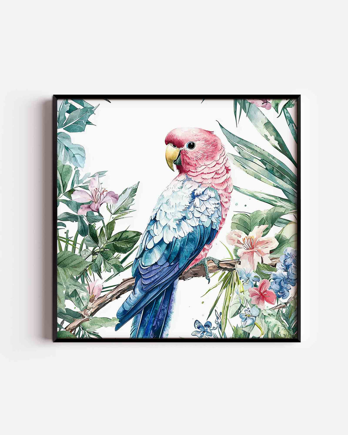 Papegaai en bloemen – vierkante dierenposter als wanddecoratie