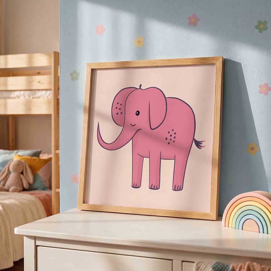 Roze olifant – speelse wandkunst als vierkante kinderposter