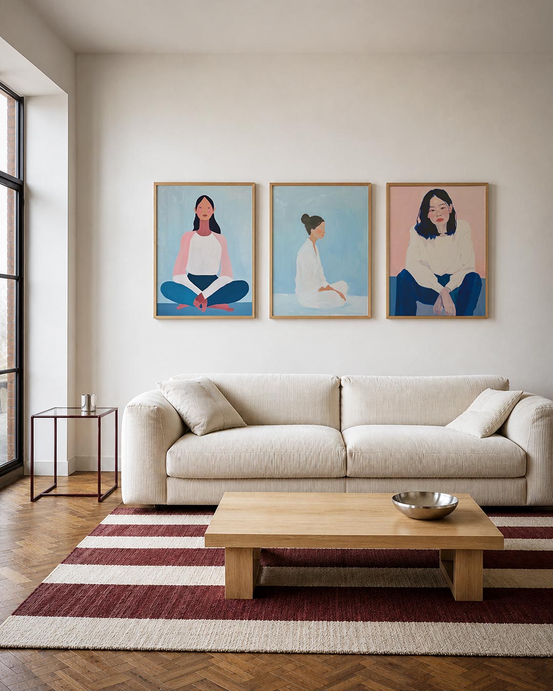 Kleurrijke rust driedelige posterset – een serene figuur zit gekruist op een blauwe achtergrond